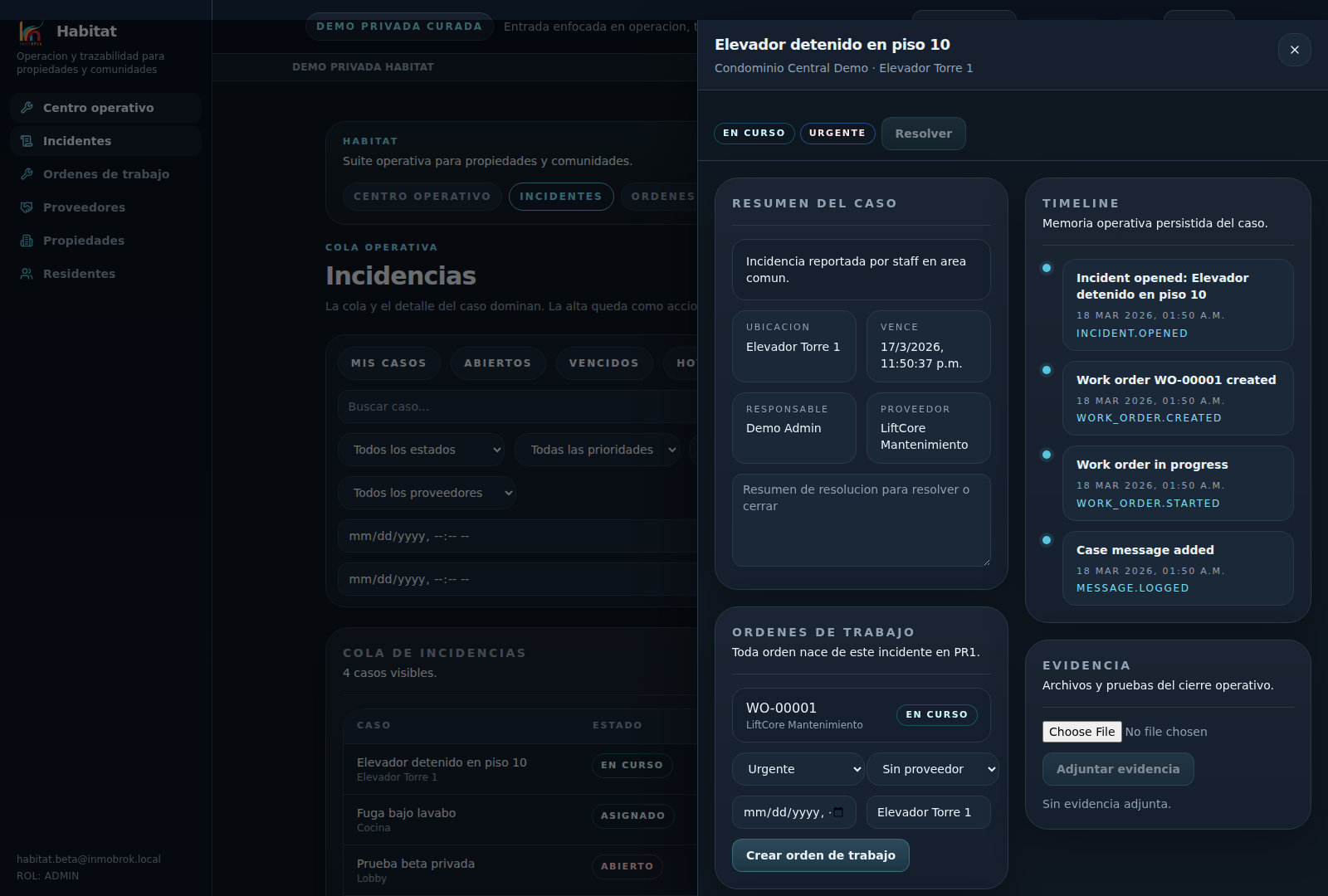 Detalle de un incidente con timeline y evidencia en Habitat beta