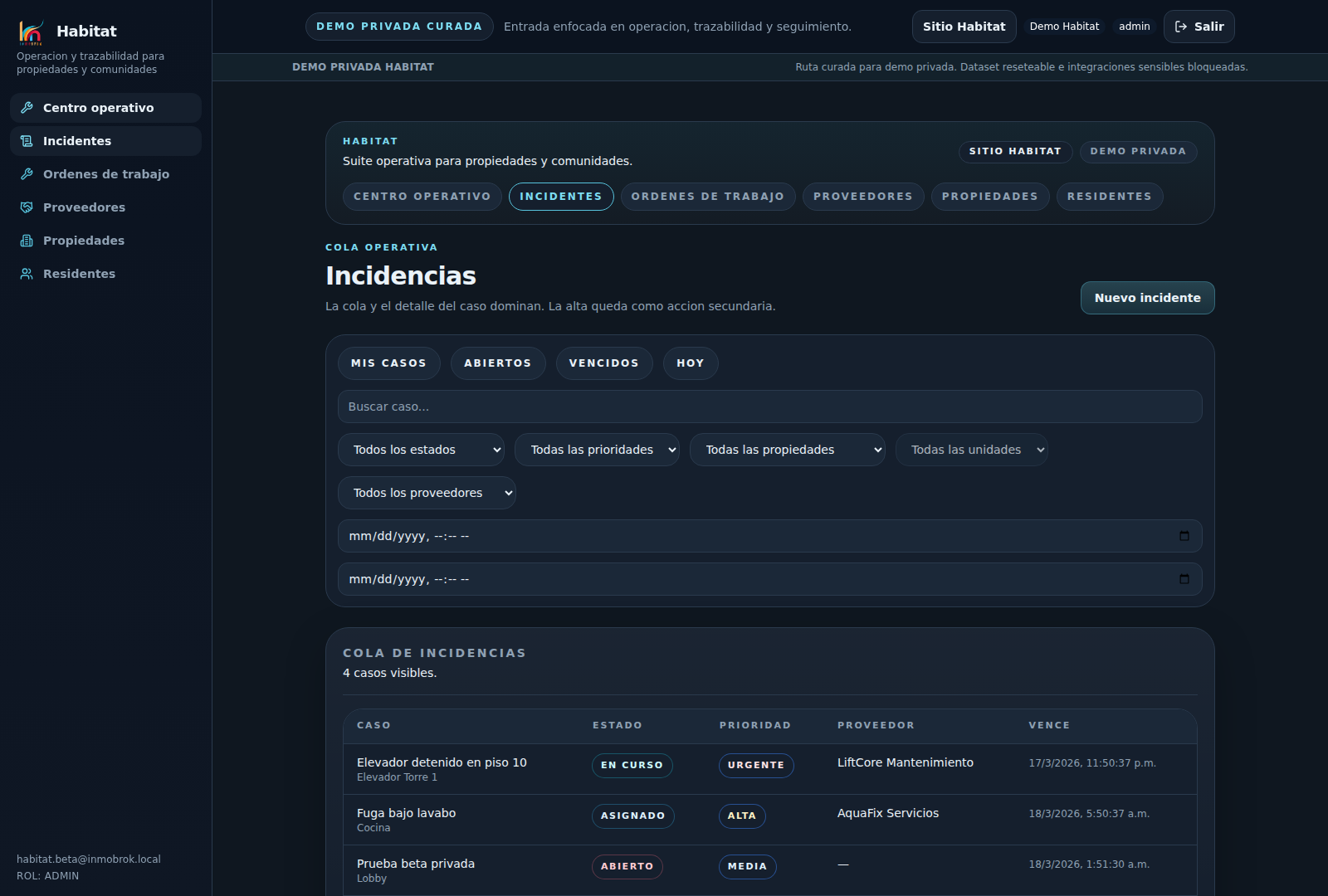 Cola operativa de incidencias en Habitat beta