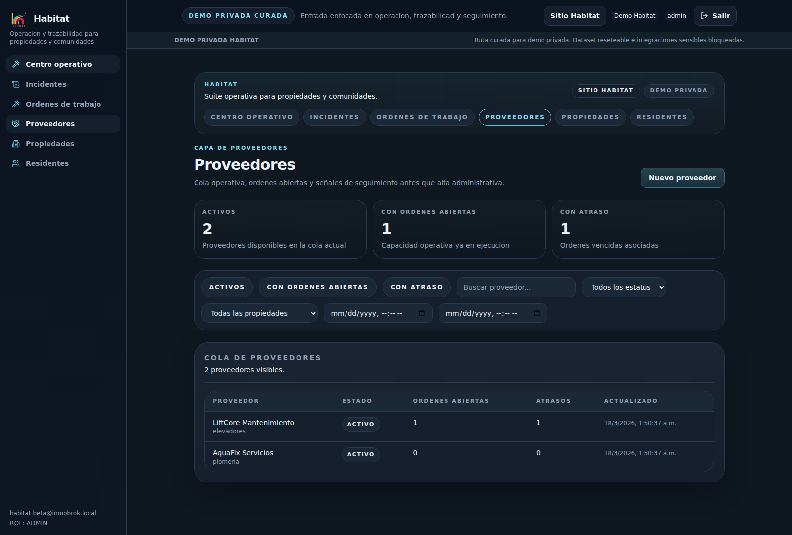 Cola operativa de proveedores en Habitat beta