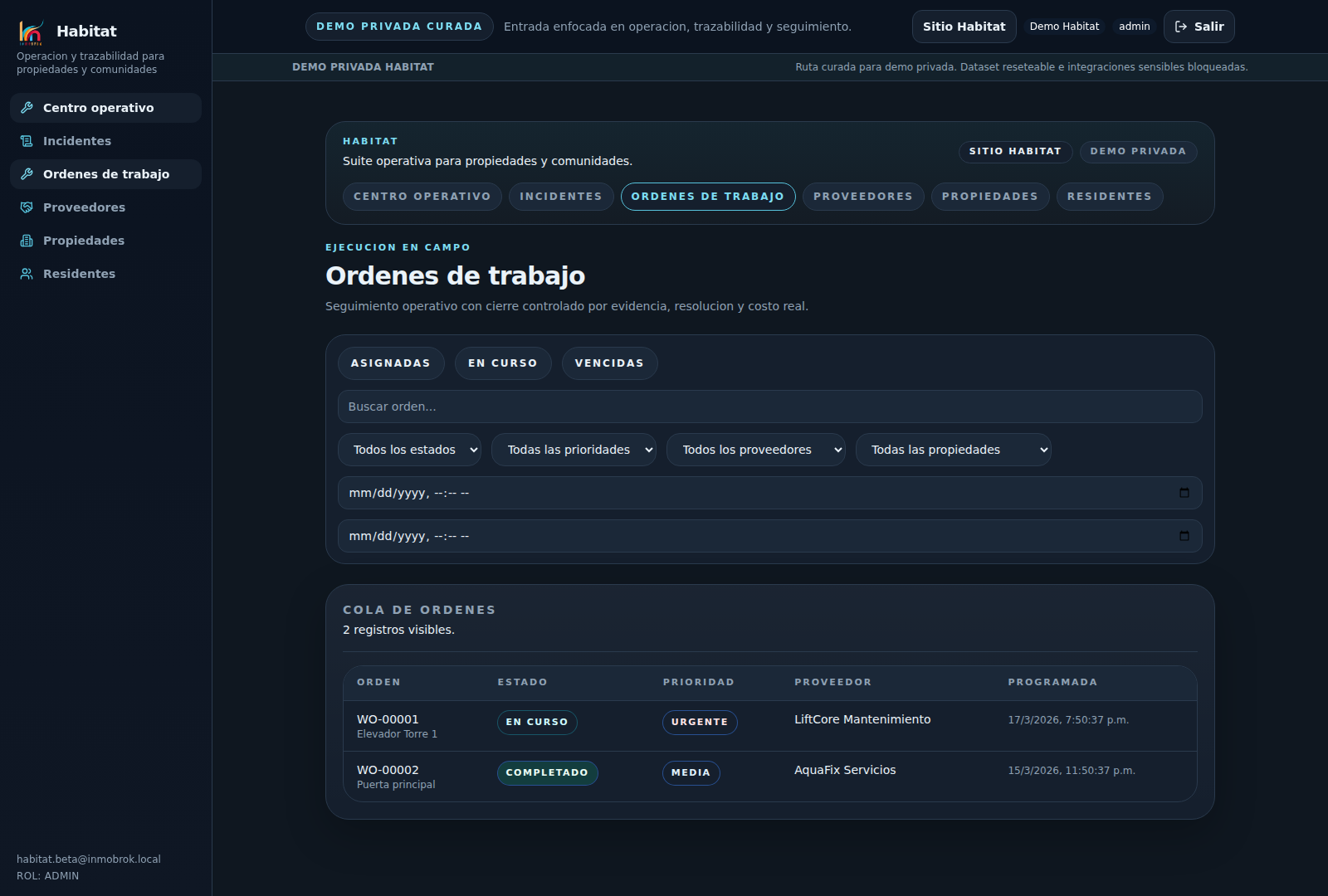 Cola de ordenes de trabajo en Habitat beta